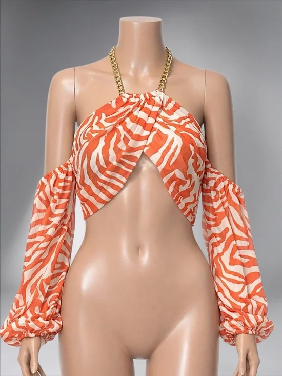 Orange Zebra Print Off-Shoulder Crop Top - Picture 4 of 13